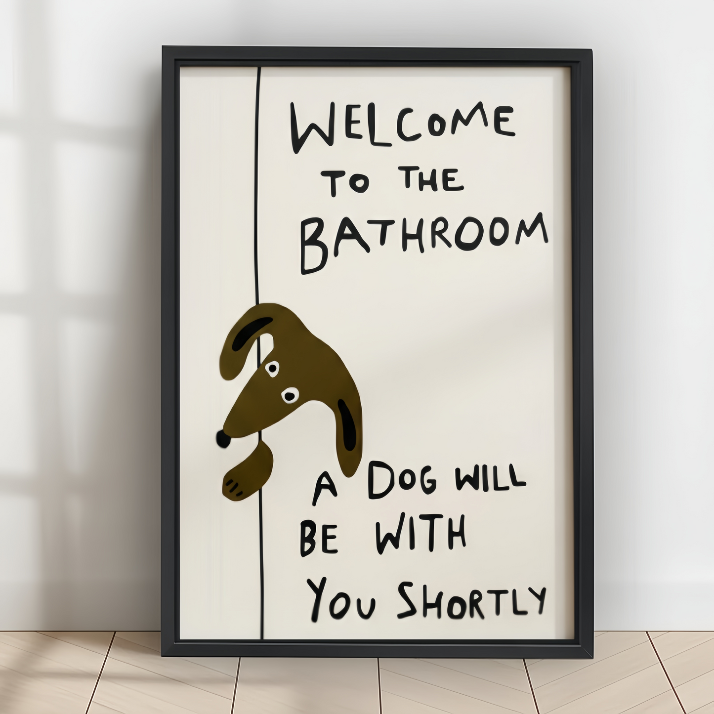 “Welcome to the Bathroom” Funny Dog – Humorous Bathroom Wall Art on Natural Wood Canvas | W101
