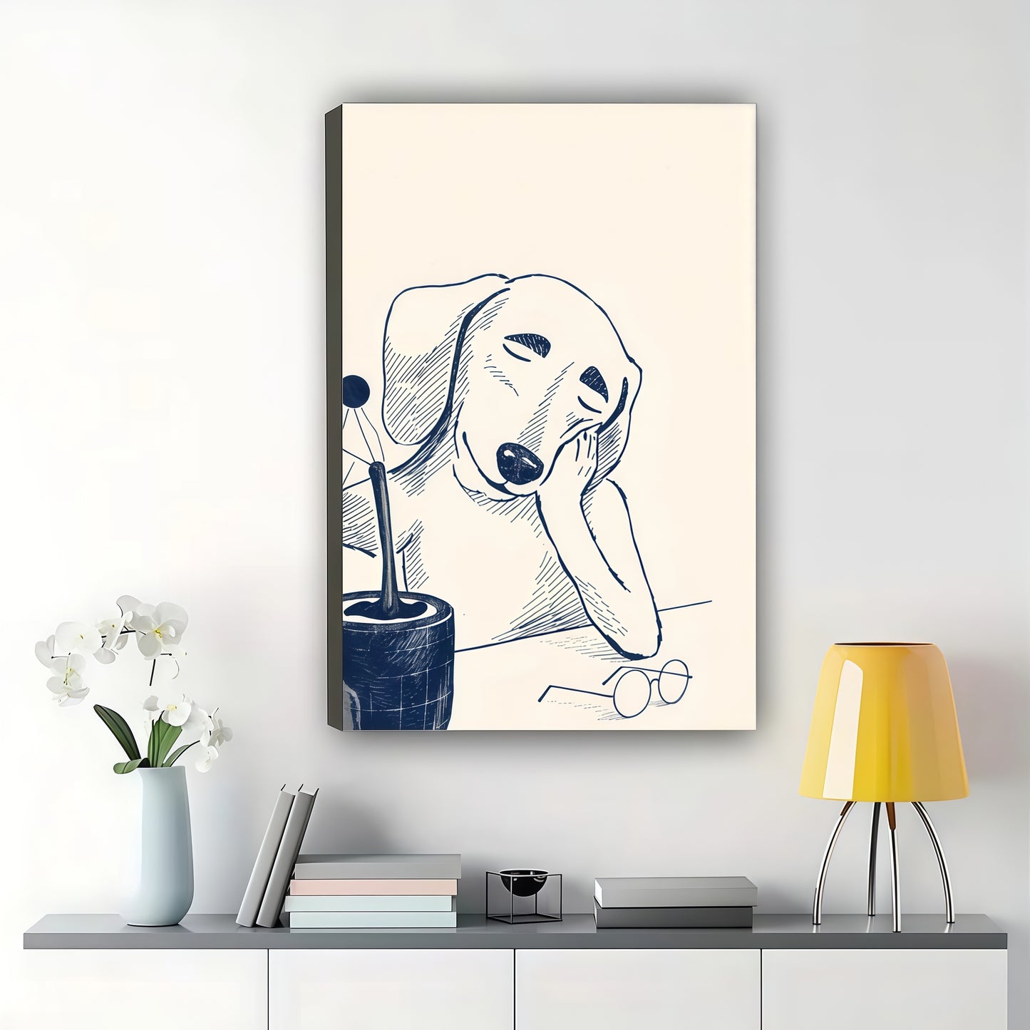 Minimalist Thinking Sleepy Dog Line Art Wall Art – Cute Hand Drawn Puppy Framed Canvas Print | T001