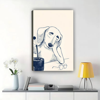Minimalist Thinking Sleepy Dog Line Art Wall Art – Cute Hand Drawn Puppy Framed Canvas Print | T001