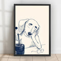 Minimalist Thinking Sleepy Dog Line Art Wall Art – Cute Hand Drawn Puppy Framed Canvas Print | T001