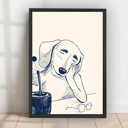 Minimalist Thinking Sleepy Dog Line Art Wall Art – Cute Hand Drawn Puppy Framed Canvas Print | T001