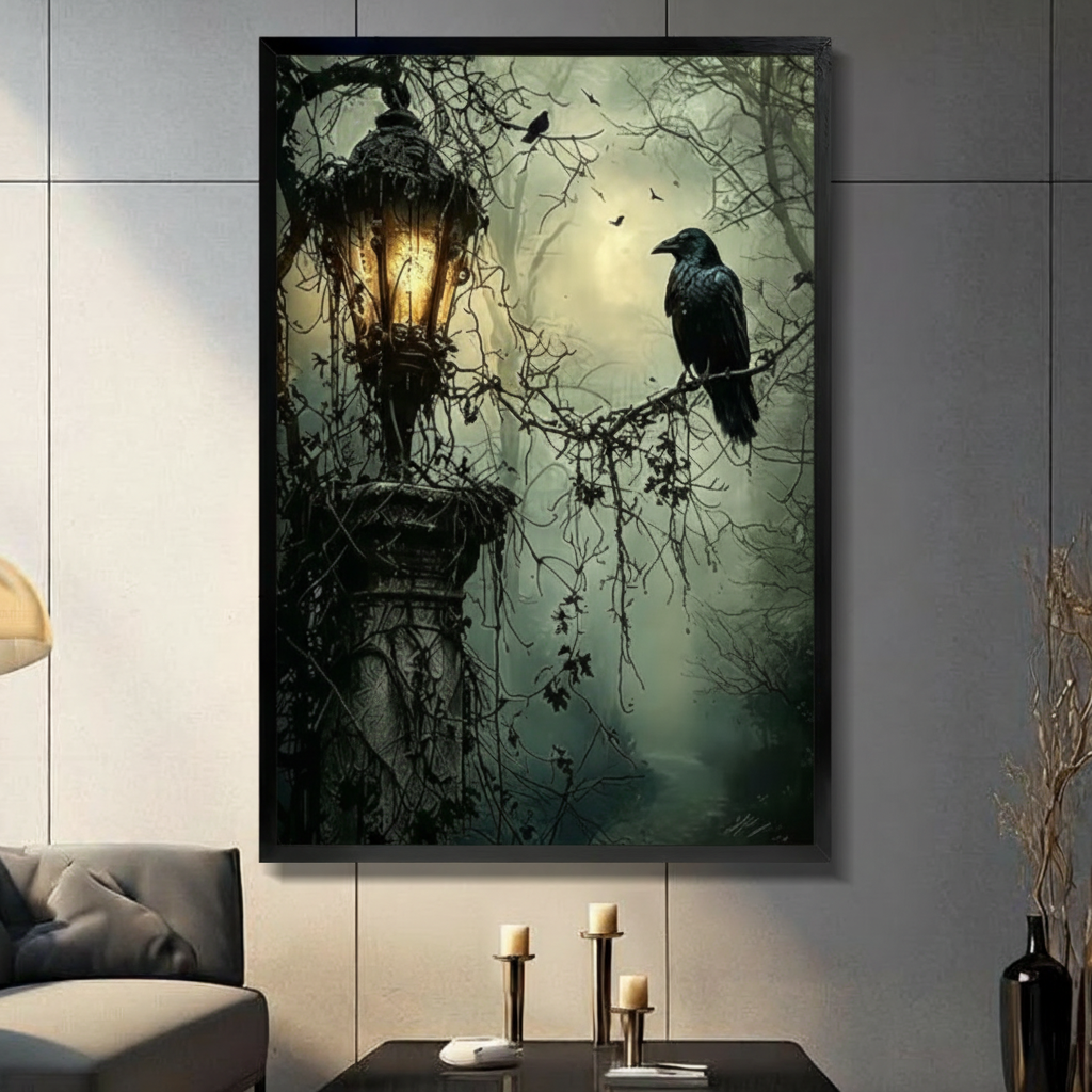 Gothic Raven Lantern Dark Forest Canvas Art