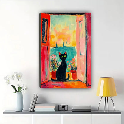 Vibrant Open Door Black Cat Wall Art – Colorful Coastal Seascape Framed Canvas Print | T002