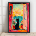 Vibrant Open Door Black Cat Wall Art – Colorful Coastal Seascape Framed Canvas Print | T002