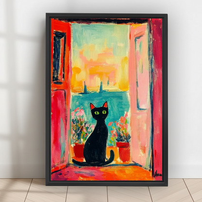 Vibrant Open Door Black Cat Wall Art – Colorful Coastal Seascape Framed Canvas Print | T002