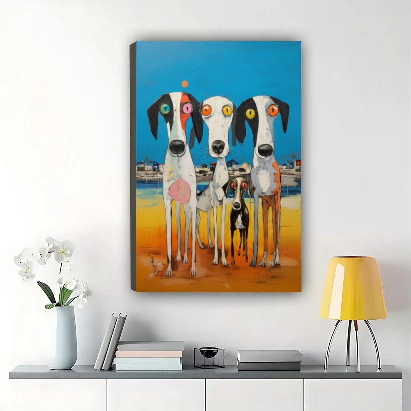 Whimsical Beach Dog Family Wall Art – Abstract Colorful Eye Framed Canvas Painting | T003