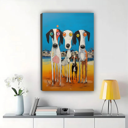 Whimsical Beach Dog Family Wall Art – Abstract Colorful Eye Framed Canvas Painting | T003