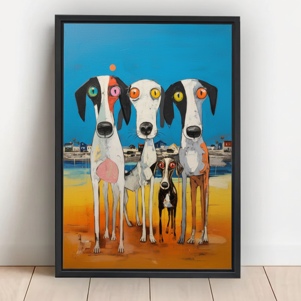Whimsical Beach Dog Family Wall Art – Abstract Colorful Eye Framed Canvas Painting | T003