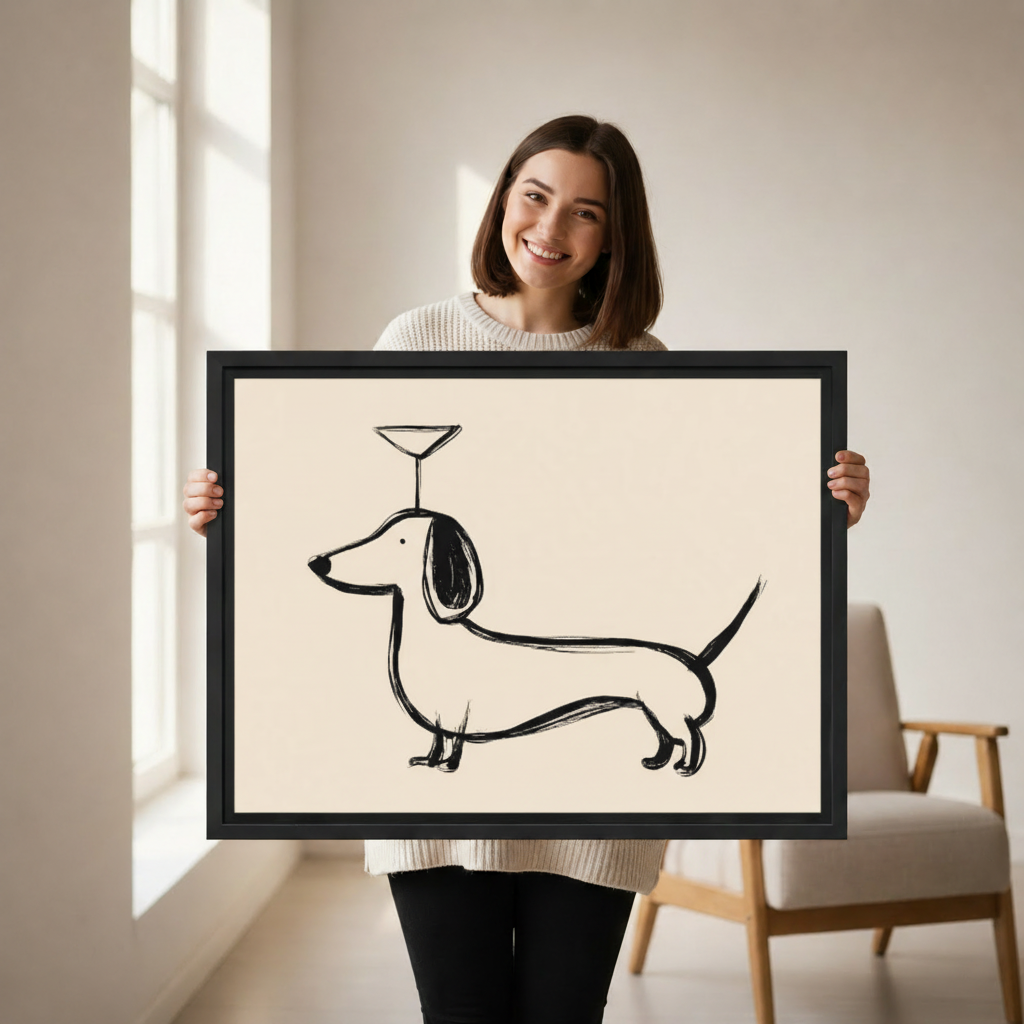 The Dachshund Martini Canvas Art | Minimalist Line Art Funny Dog Wall Decor