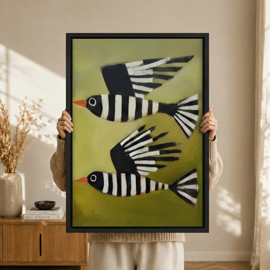 Striped Birds Olive Green Abstract Canvas Art