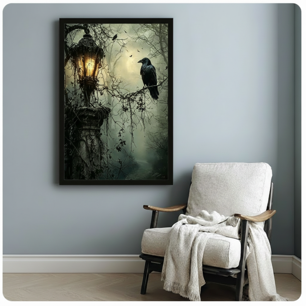 Gothic Raven Lantern Dark Forest Canvas Art