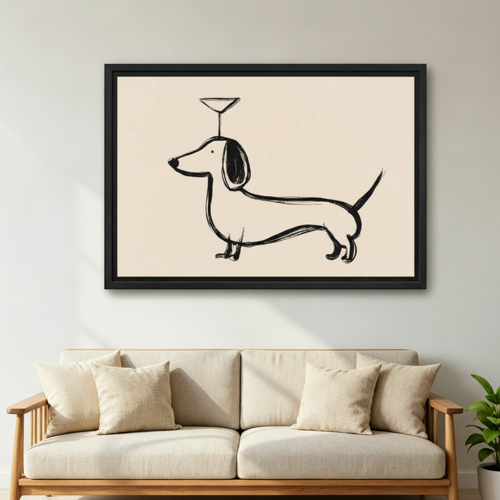 The Dachshund Martini Canvas Art | Minimalist Line Art Funny Dog Wall Decor