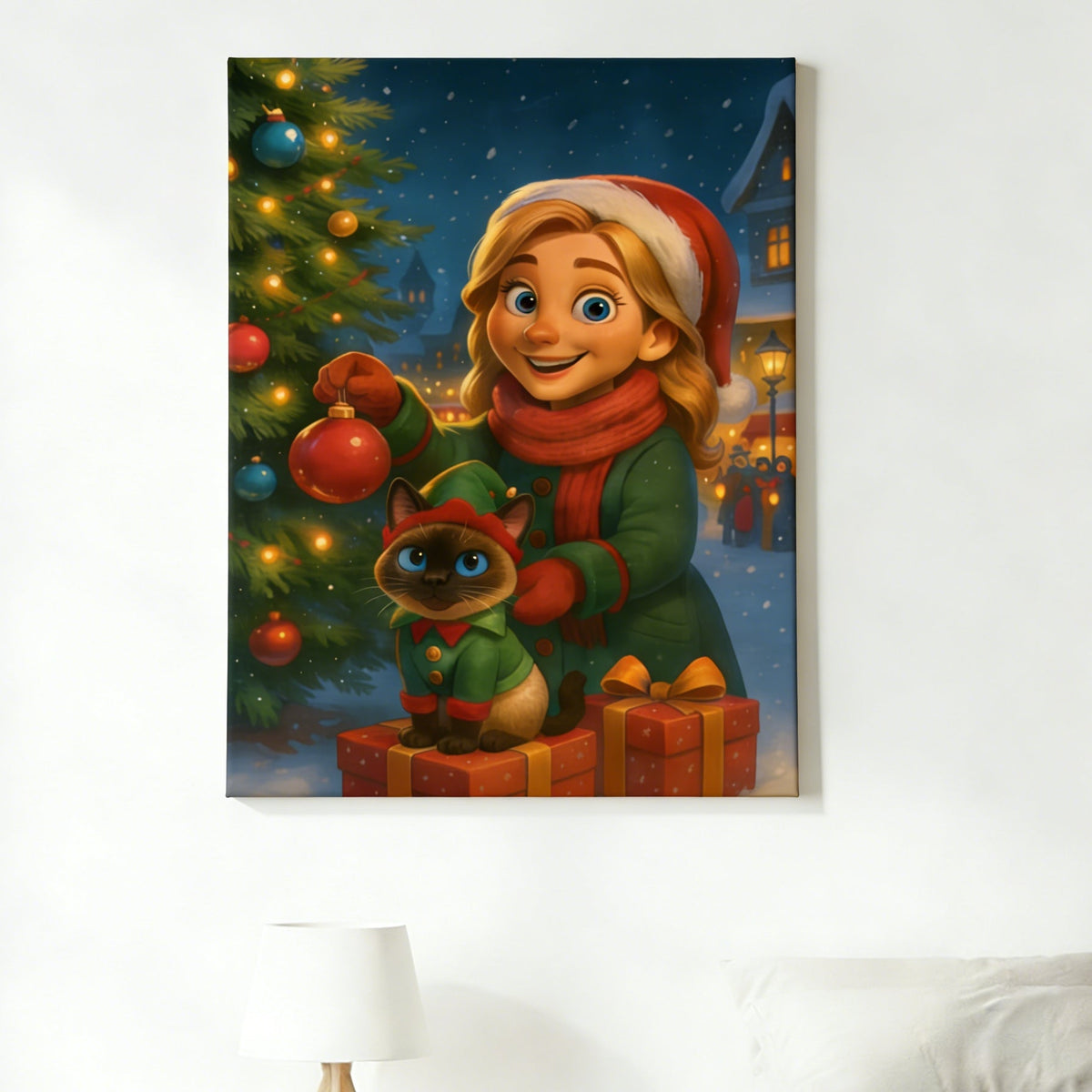 Custom Christmas Pet Portrait,Personalized Gift, Funny Santa Cat & Owner Illustration Wall Art,Holiday Home Decor