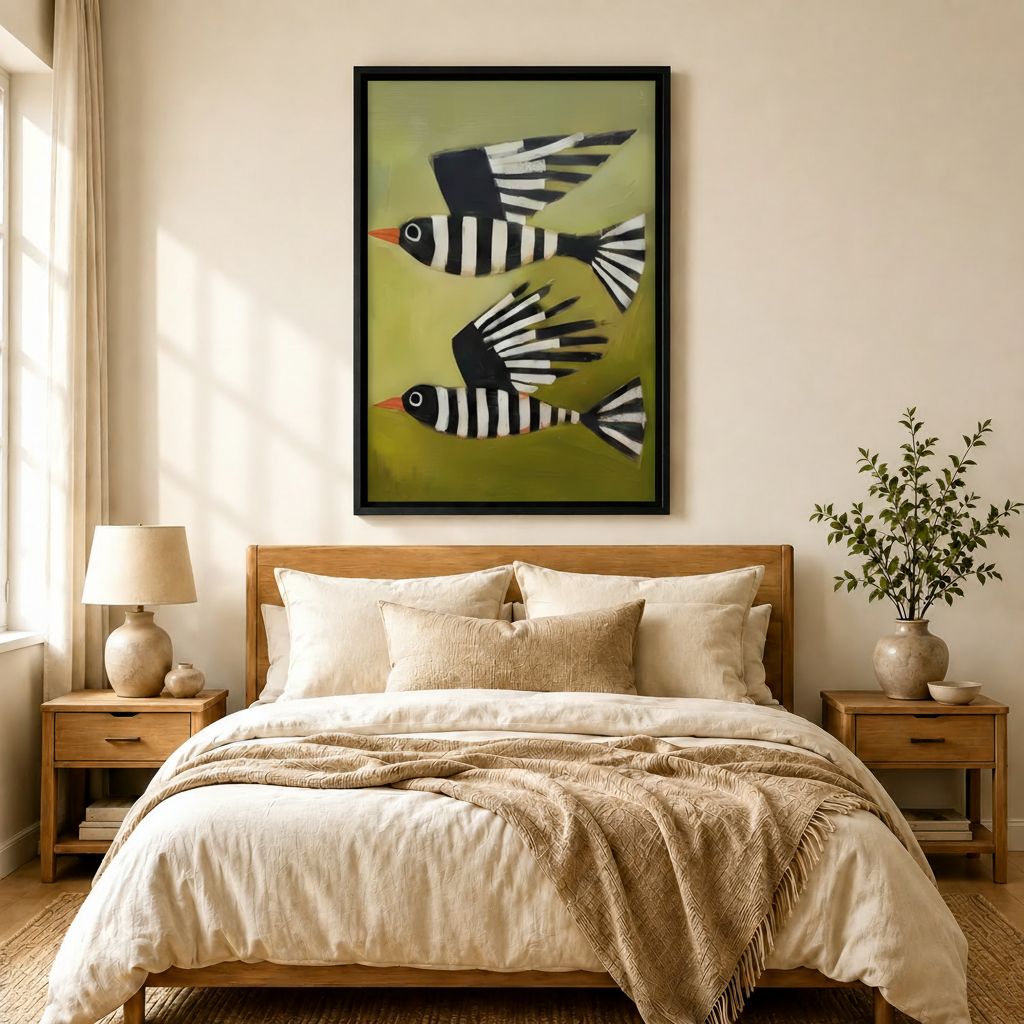 Striped Birds Olive Green Abstract Canvas Art