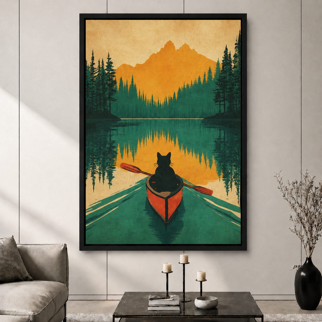Black Cat Canoe Retro Wilderness Canvas Art