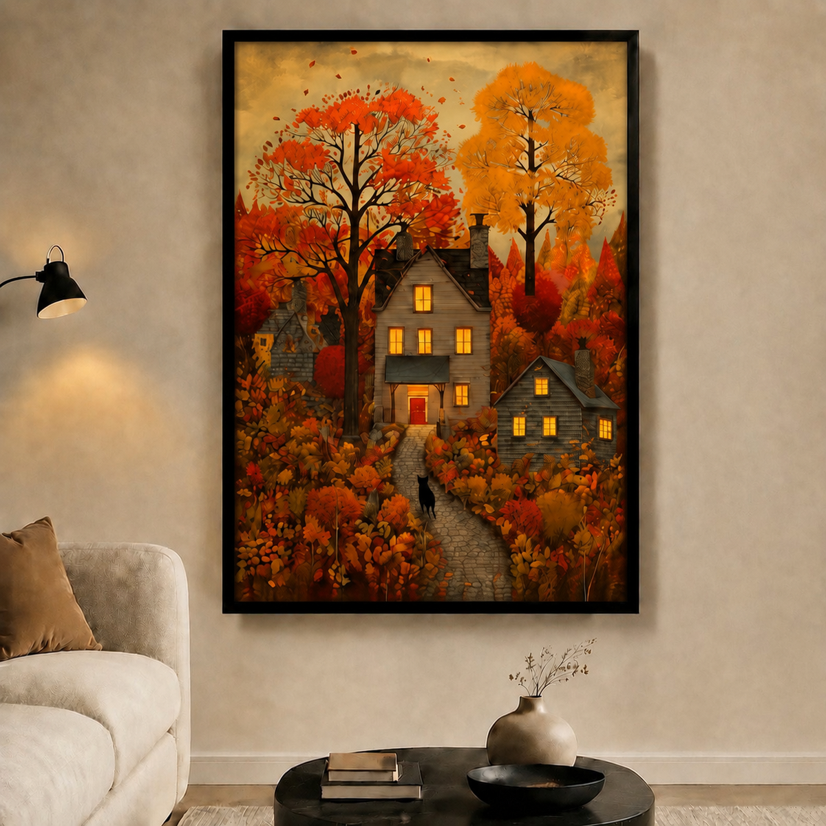 Autumn Village Black Cat Cozy Canvas Wall Art