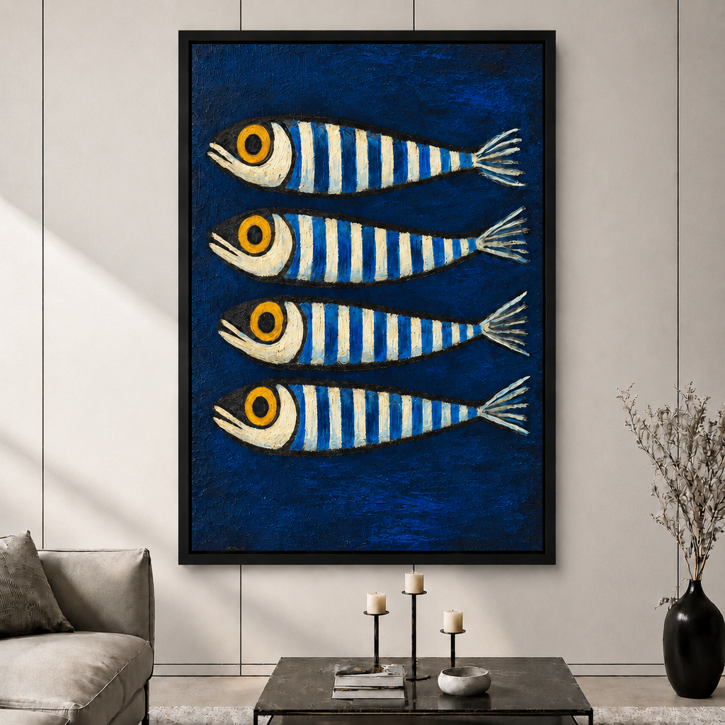 Bold Blue Sardines Folk Art Canvas Art