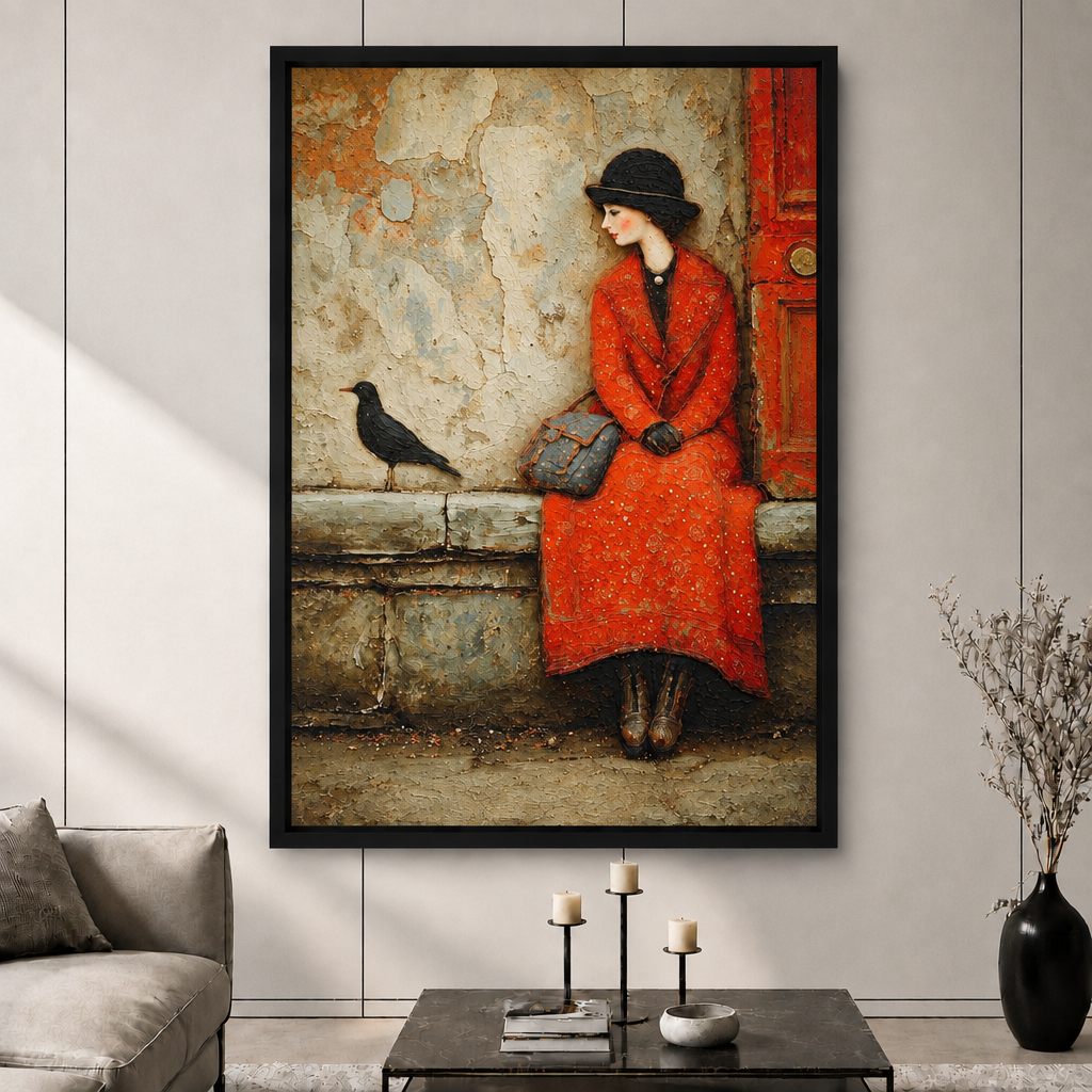Red Coat Woman Crow Vintage Canvas Wall Art
