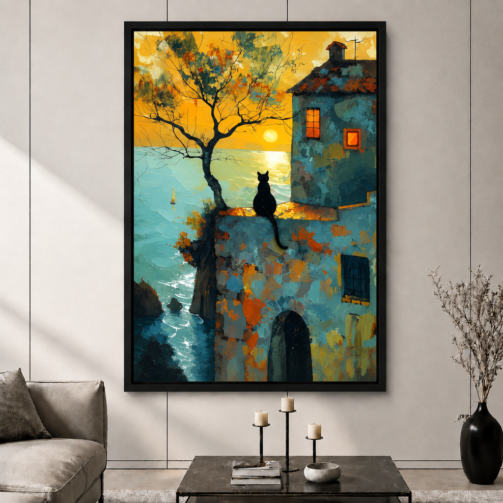 Coastal Black Cat Sunset Canvas Wall Art