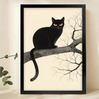 Black Cat on Bare Branch Wall Art – Minimalist Japanese-Style Canvas Print on Natural Wood Frame | W2149