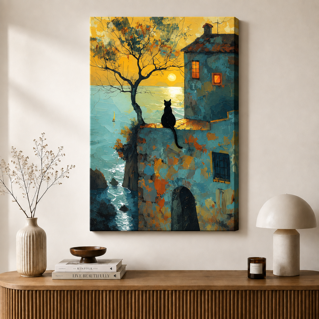 Coastal Black Cat Sunset Canvas Wall Art