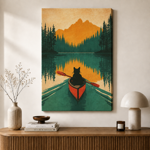 Black Cat Canoe Retro Wilderness Canvas Art