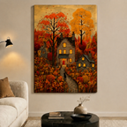 Autumn Village Black Cat Cozy Canvas Wall Art