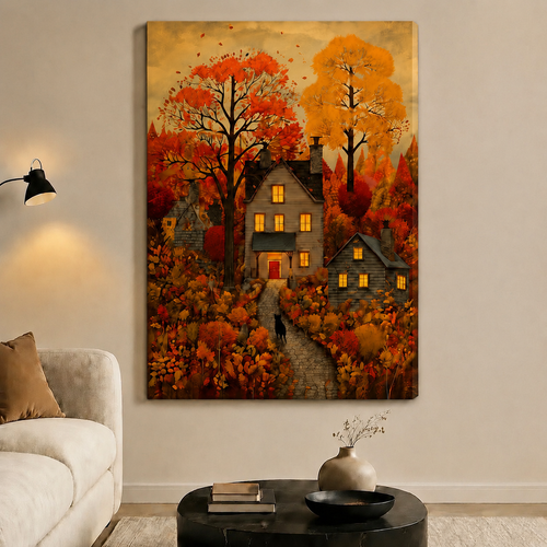 Autumn Village Black Cat Cozy Canvas Wall Art