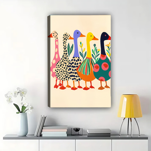 Colorful Ducks Canvas Wall Art - Whimsical Folk Art Bird Print|W1154