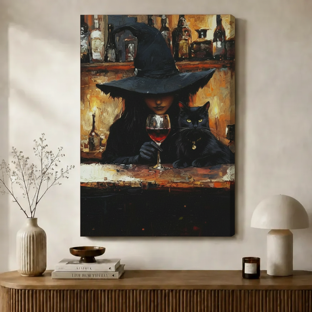Witch & Black Cat Wine Bar Canvas Wall Art