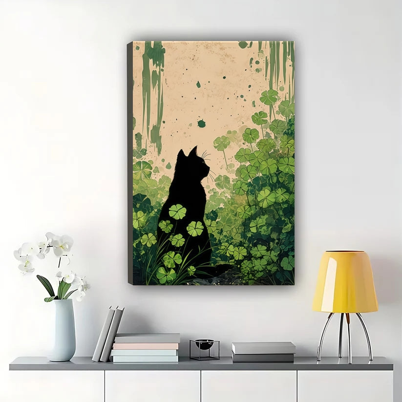 Black Cat Silhouette in Clover Patch – Japanese-Inspired Green Wall Art on Natural Wood Canvas | W840