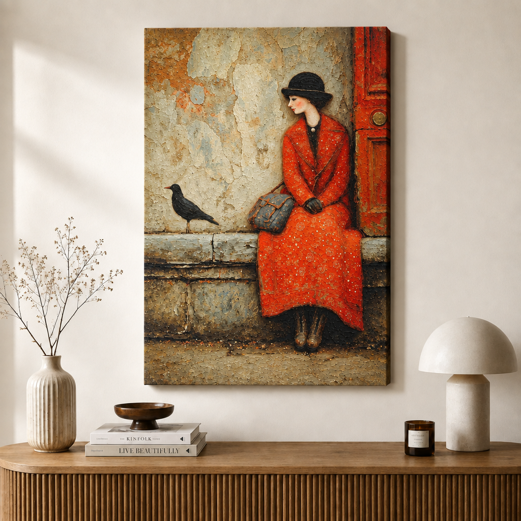 Red Coat Woman Crow Vintage Canvas Wall Art