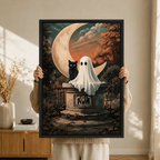 Vintage Halloween Ghost Black Cat Canvas Art