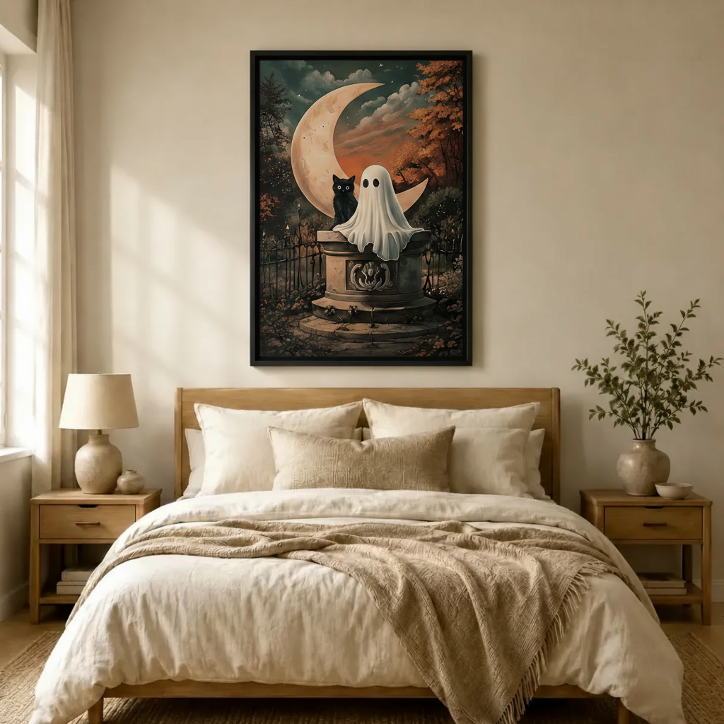 Vintage Halloween Ghost Black Cat Canvas Art