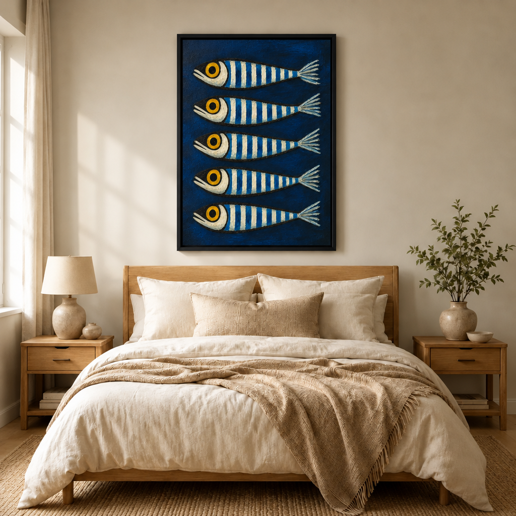 Bold Blue Sardines Folk Art Canvas Art