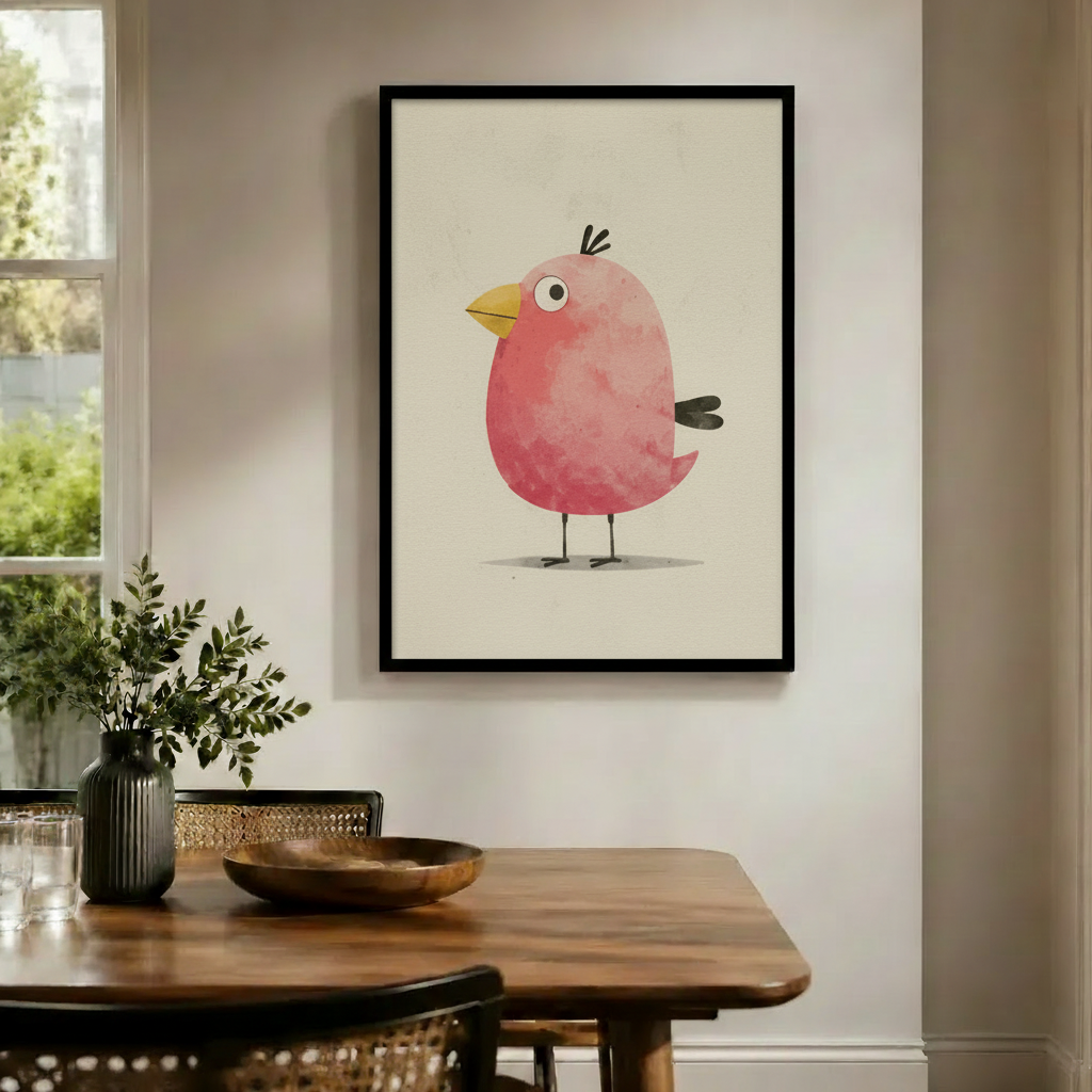 Chubby Pink Bird Whimsical Canvas Wall Art