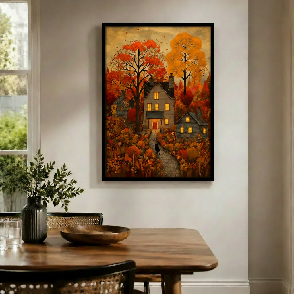 Autumn Village Black Cat Cozy Canvas Wall Art