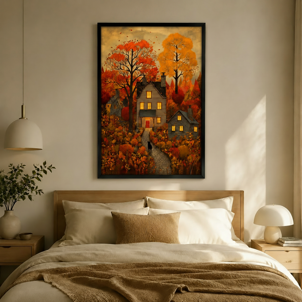 Autumn Village Black Cat Cozy Canvas Wall Art
