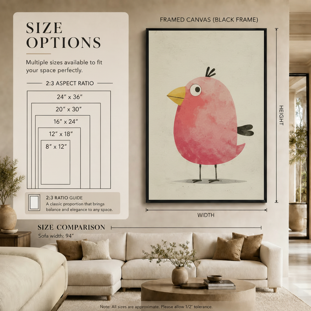 Chubby Pink Bird Whimsical Canvas Wall Art