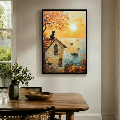 Autumn Cat Coastal Sunset Canvas Wall Art