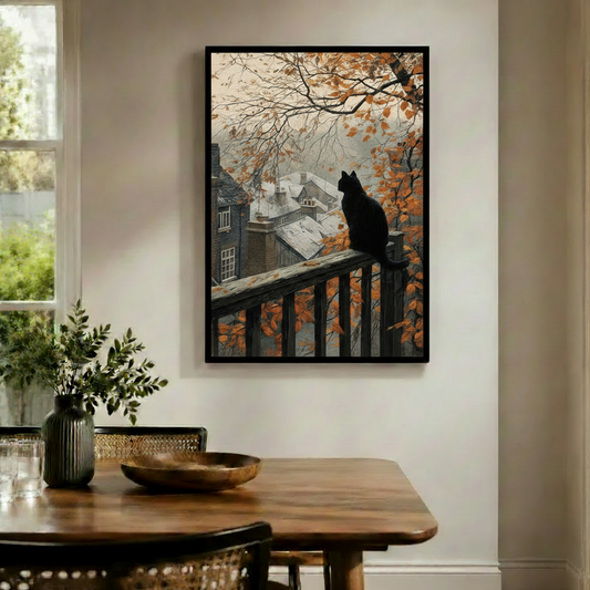 Autumn Cat Rooftop Cityscape Canvas Wall Art