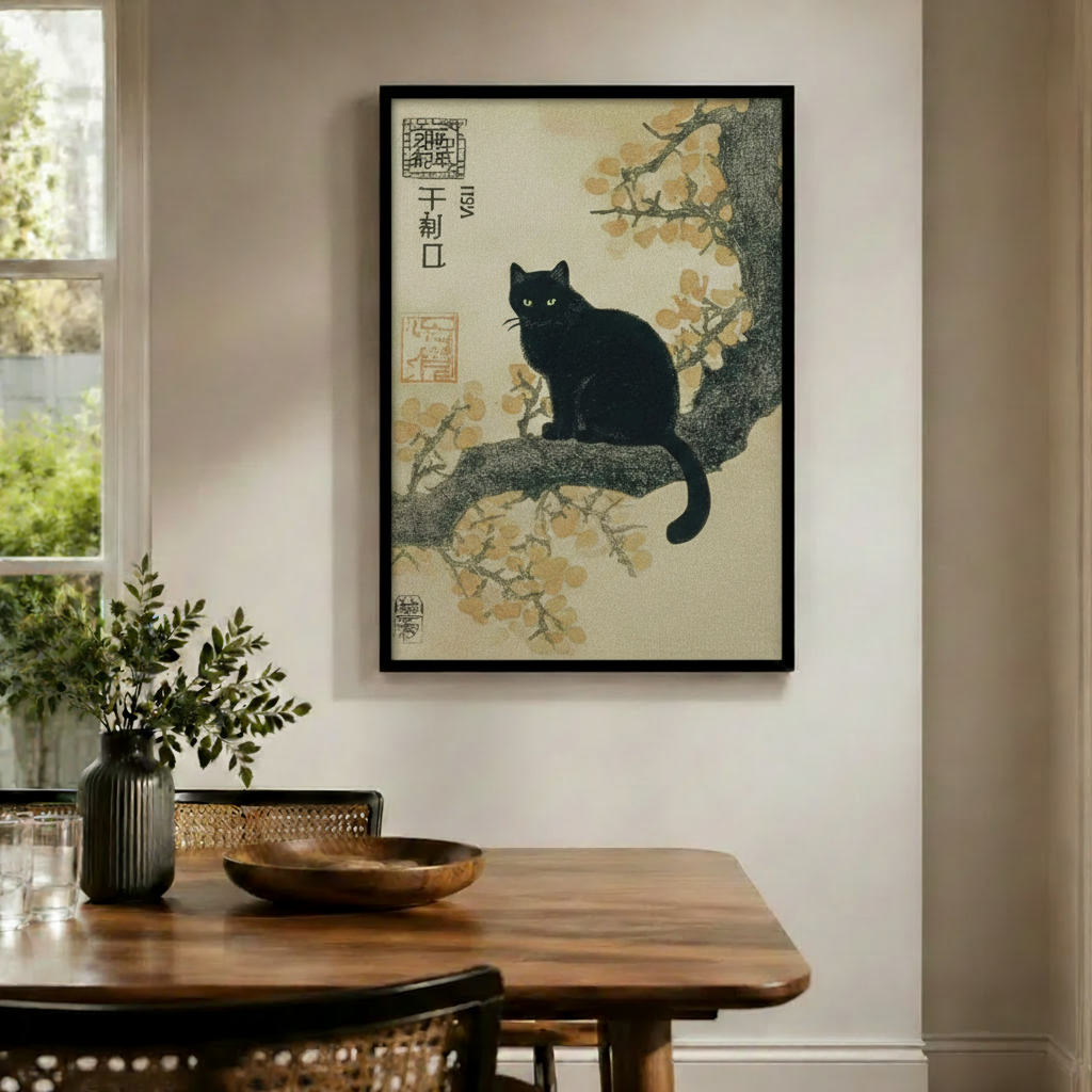 Black Cat Magnolia Japanese Canvas Wall Art