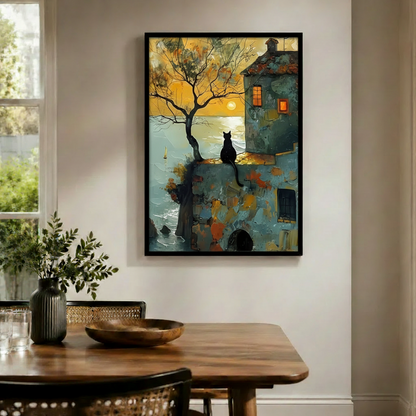 Black Cat Sunset Cottage Canvas Wall Art