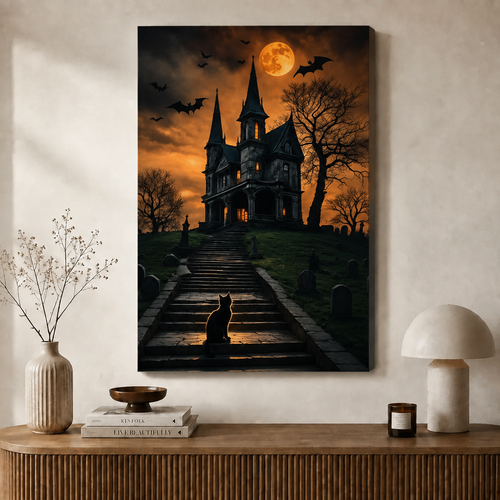 Black Cat Haunted House Halloween Canvas Wall Art
