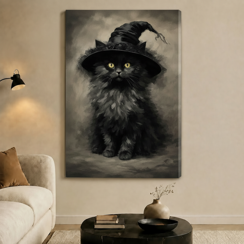 Black Kitten Witch Hat Portrait Canvas Wall Art