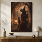 Witch and Cat Forest Lantern Canvas Wall Art