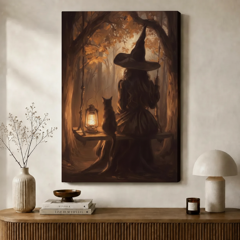 Witch and Cat Forest Lantern Canvas Wall Art