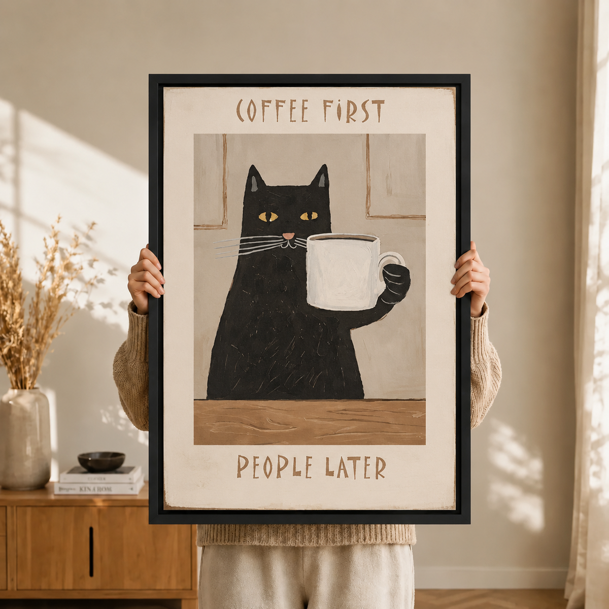 Coffee First Black Cat Retro Poster Canvas Art