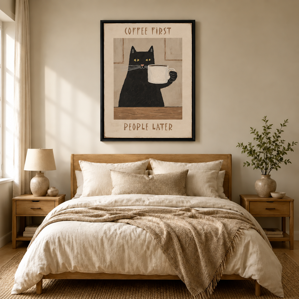 Coffee First Black Cat Retro Poster Canvas Art