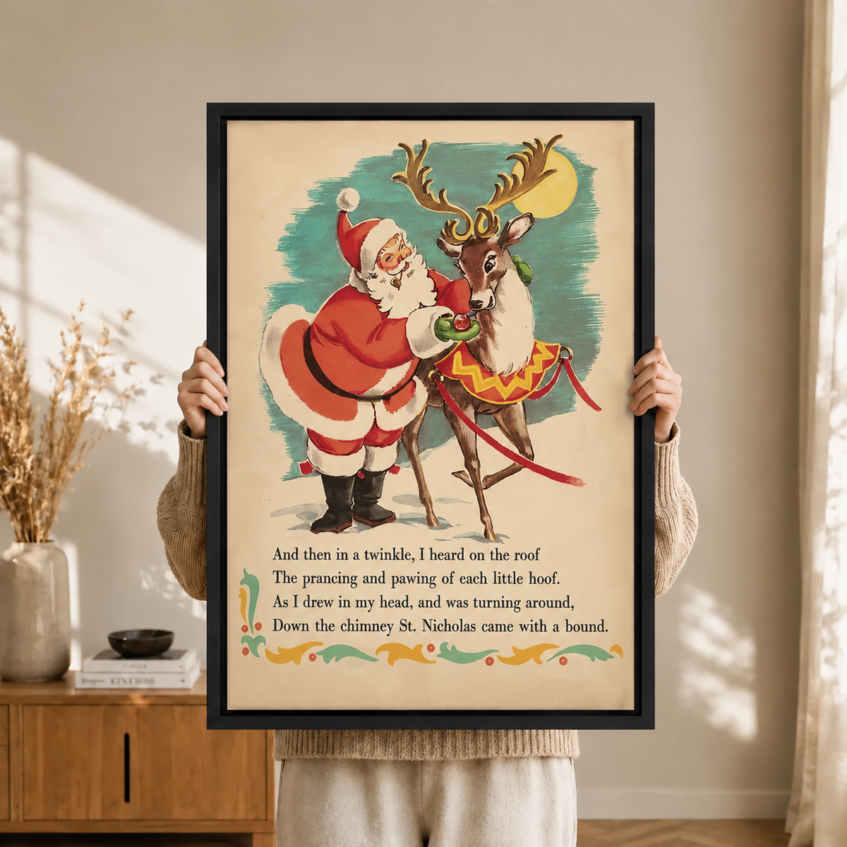 Vintage Santa Reindeer Christmas Poem Canvas Art